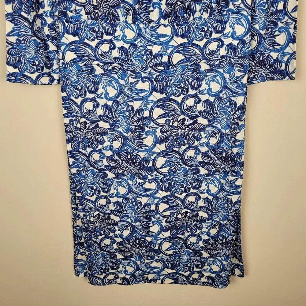 Tory Burch Sheila Floral Silk Dress Knee Lenght 3/4 Sleeve Blue White Size S